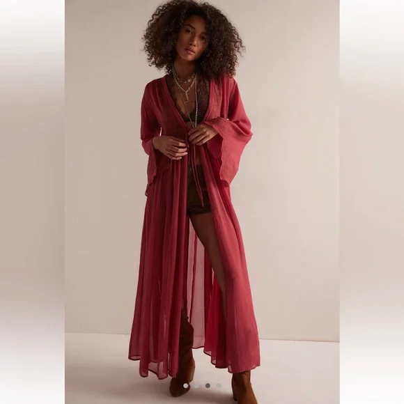 Free People Red Lace Trim Robe - Picture 3 of 5